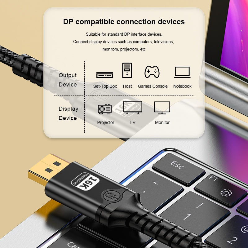 NÖRDIC 2 m nylonflätad DisplayPort 2.1 kabel DP80 UHBR20 80Gbps 16K/10K/8K@60Hz 4K@240/165/144Hz DSC 1.2a HDR HDCP 2.2 FreeSync G-Sync