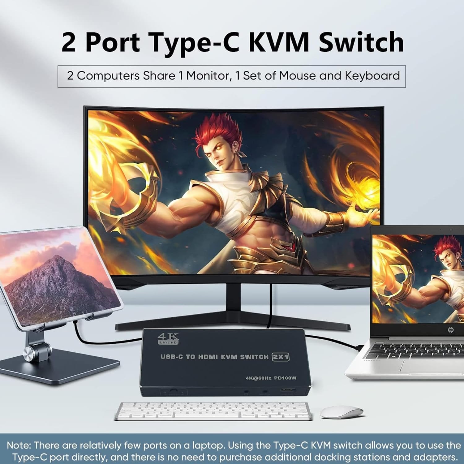 NÖRDIC USB C till HDMI KVM-switch 4K 60Hz, Type-C KVM-switch HDMI för 2 datorer 1 HDMI-skärm