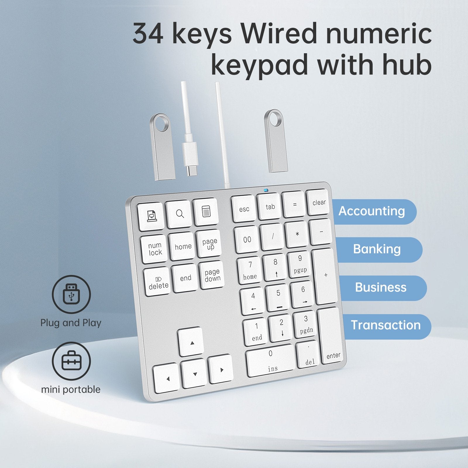NÖRDIC USB-C Numerisk knappsats med kabel, 34 tangenter, 2×USB-A + 1×USB-C för laddning