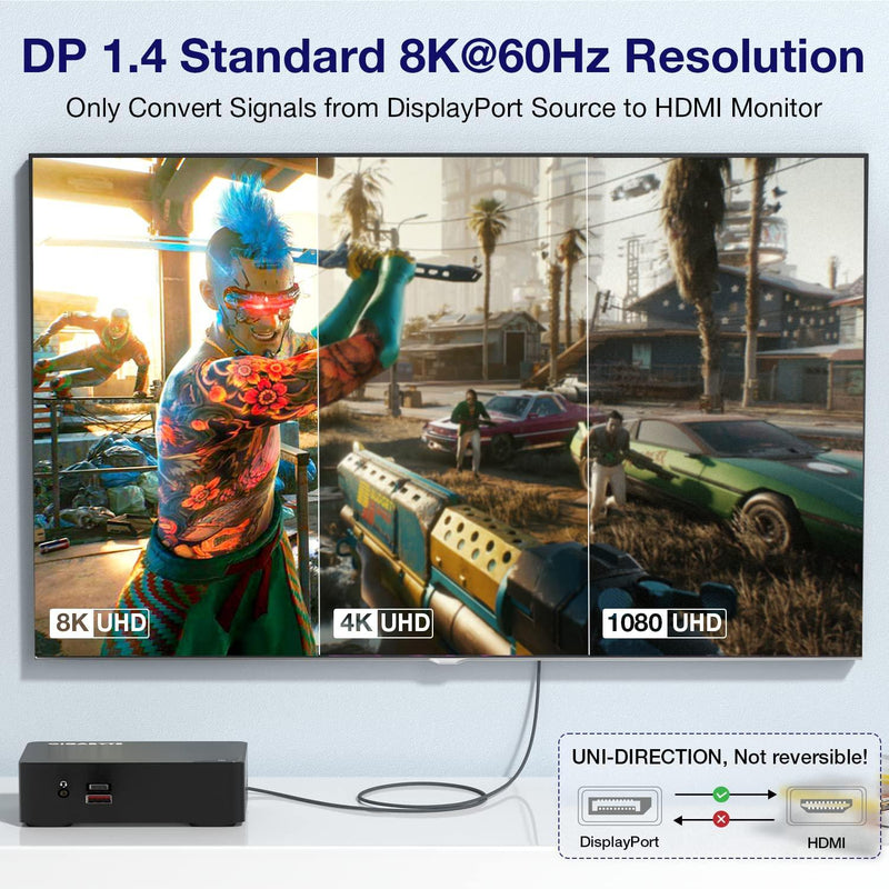 NÖRDIC 3m Displayport 1.4 till HDMI 2.1 8K60Hz 4K120/144Hz Dynamic HDR 32.4Gbps Dolby ATMOS
