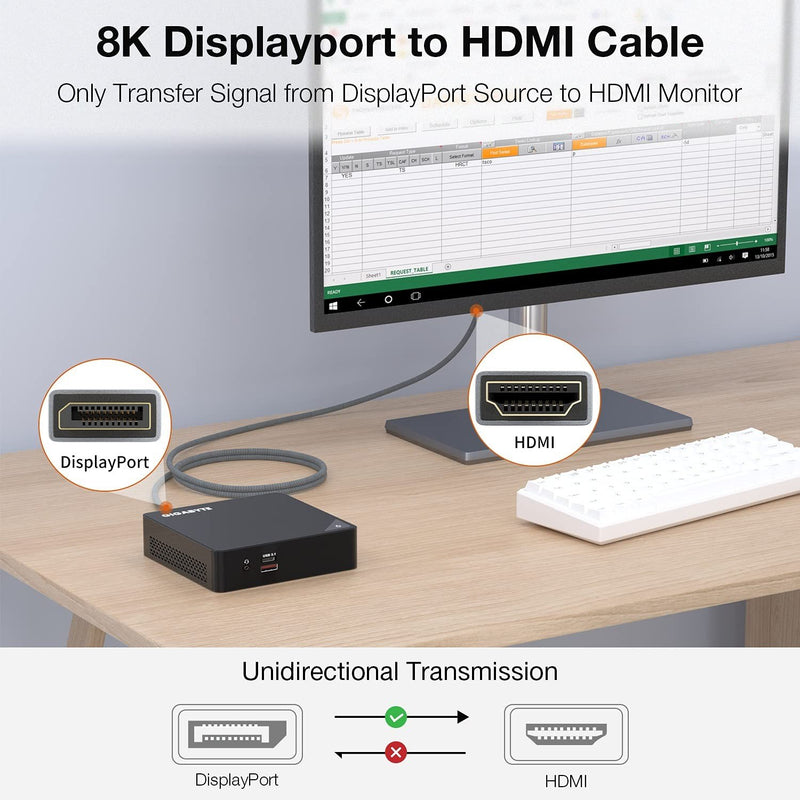 NÖRDIC 3m Displayport 1.4 till HDMI 2.1 8K60Hz 4K120/144Hz Dynamic HDR 32.4Gbps Dolby ATMOS