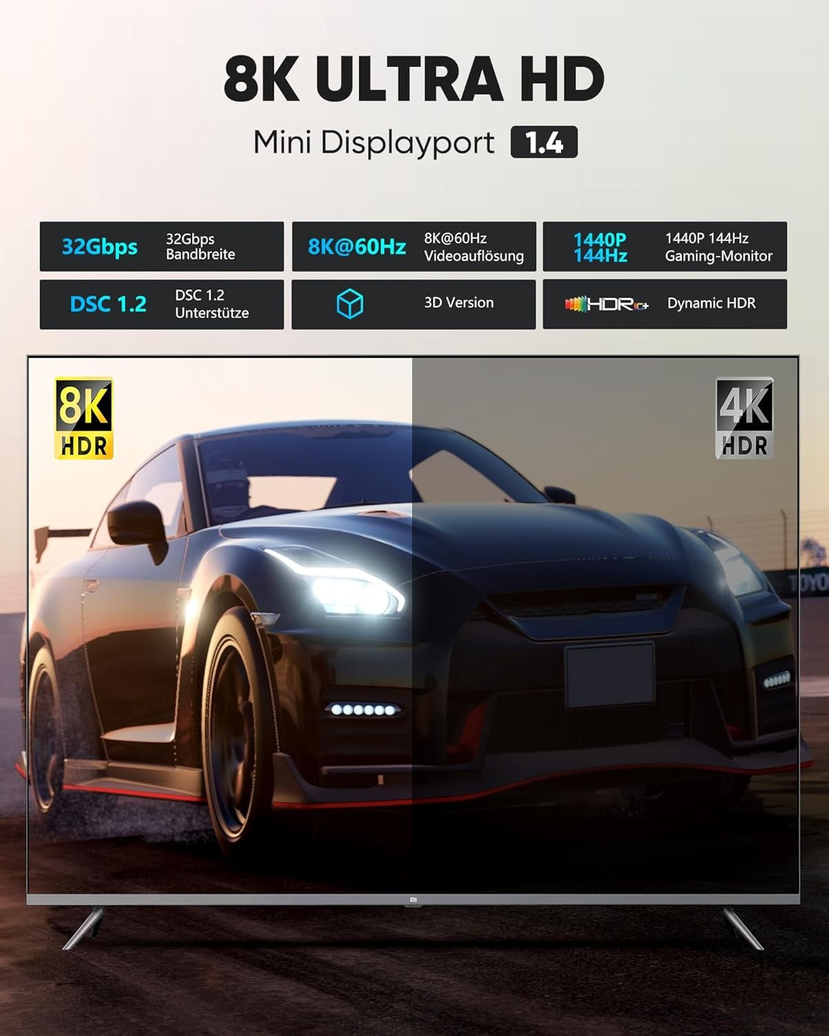 NÖRDIC 3m Mini DisplayPort till DisplayPort-kabel 8K@60Hz 4K@240Hz 32.4Gbps