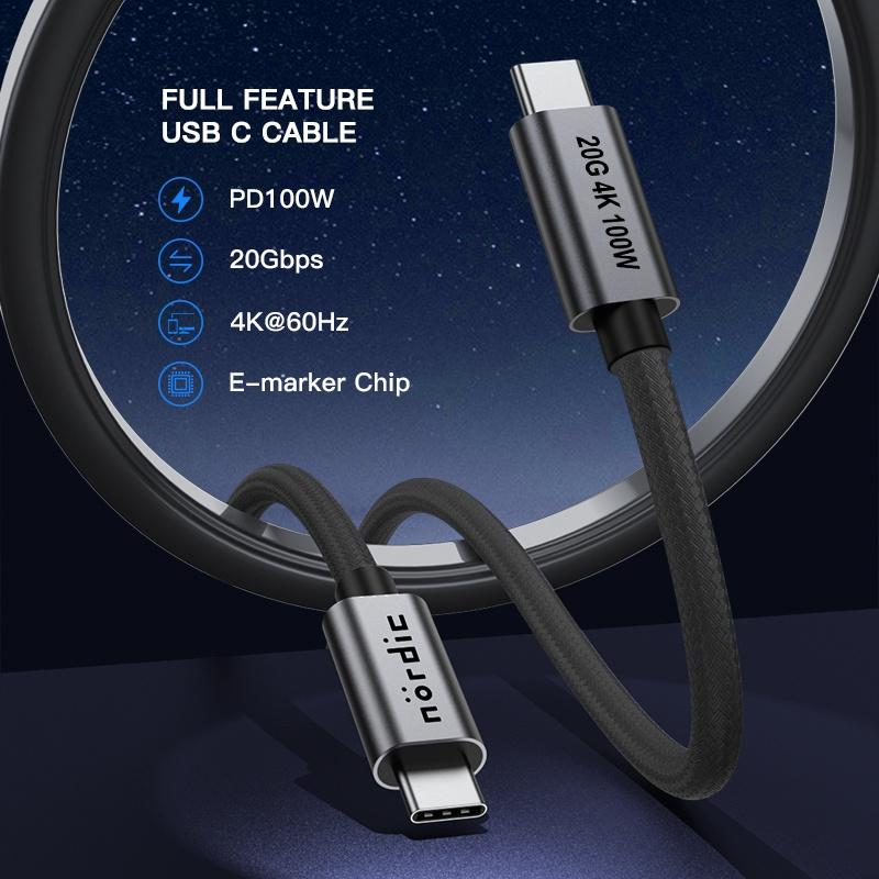 NÖRDIC 3m USB3.2 Gen2 SuperSpeed USB 20Gbps USB-C till C nylonflätad kabel med Power Delivery 100W, 4K60Hz video och Emarker