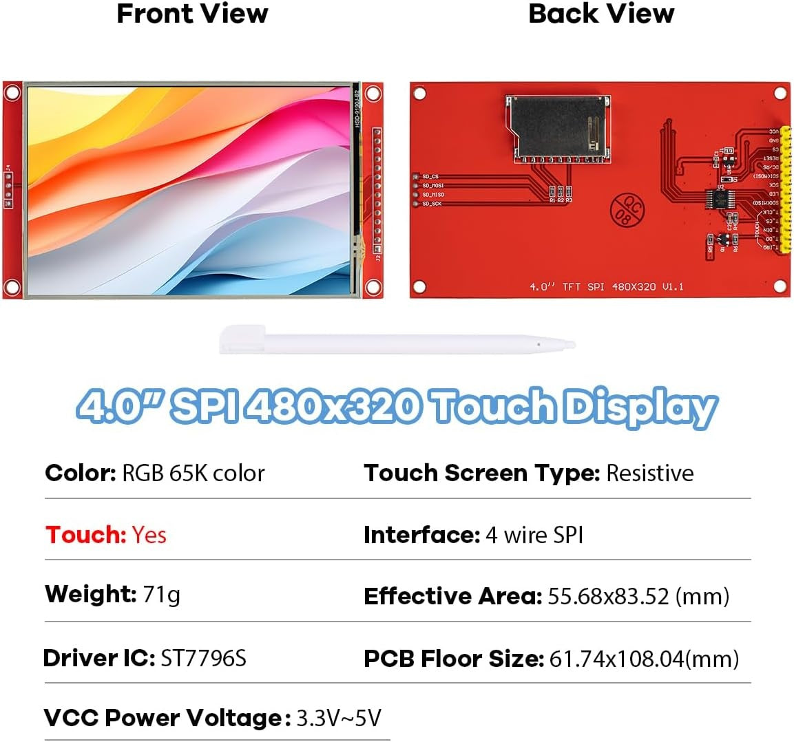 NÖRDIC 4,0" Touch Display Shield-modul, 480x320 TFT LCD-panel, SPI-seriell ST7796S med touch-penna, kompatibel med Arduino