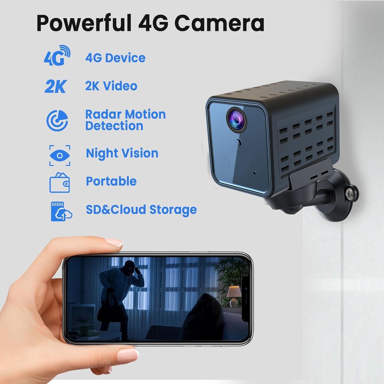 NÖRDIC 4G-Övervakningskamera, 2K QHD inomhuskamera, radarbaserad rörelsedetektering, kompatibel med SIM, utan WiFi krav