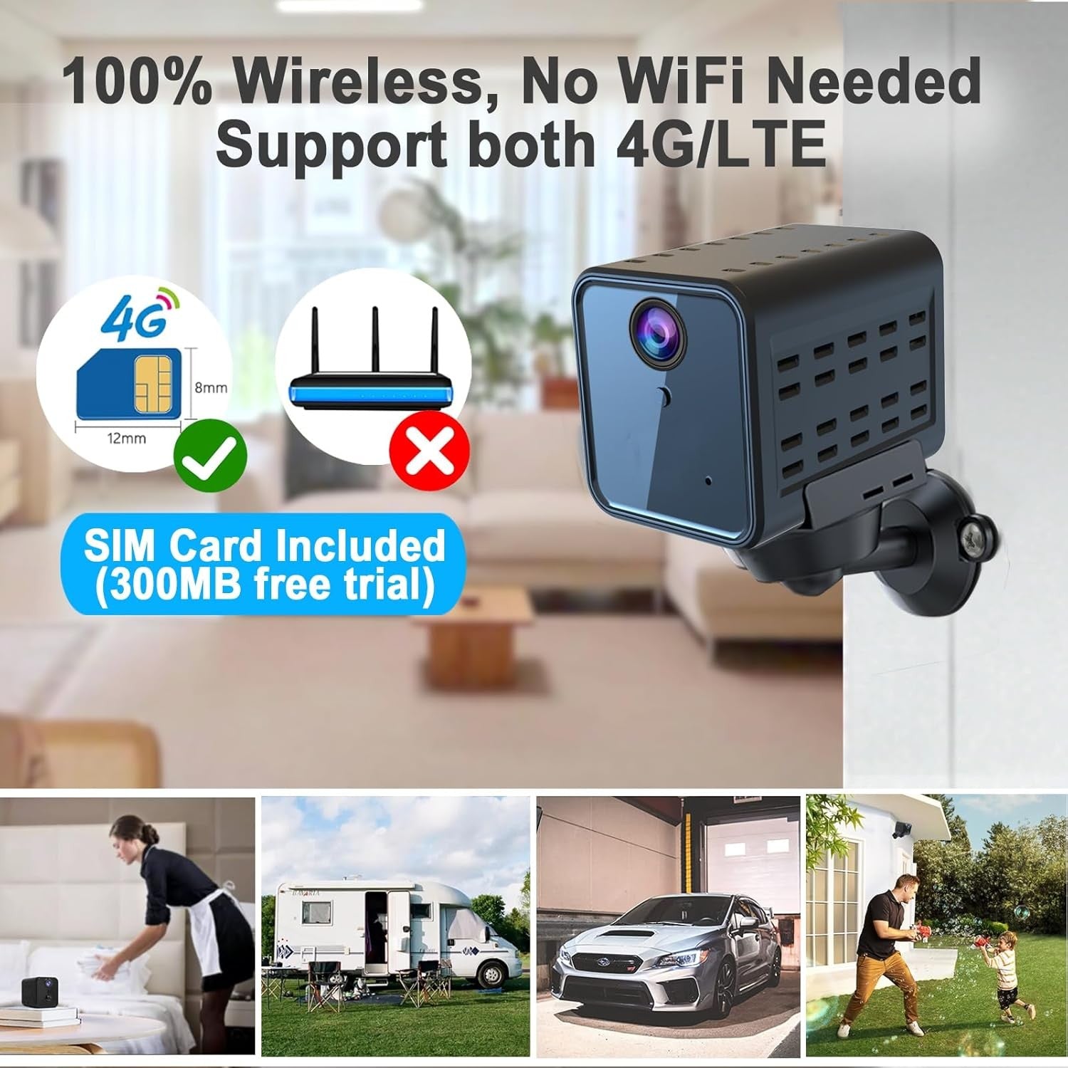 NÖRDIC 4G-Övervakningskamera, 2K QHD inomhuskamera, radarbaserad rörelsedetektering, kompatibel med SIM, utan WiFi krav