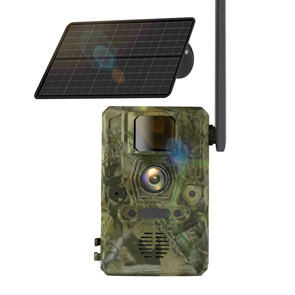 NÖRDIC 4G viltkamera med 4W solpanel, 3MP FHD, kamouflage, LTE 4G SIM-kort och IP66-vattenskydd