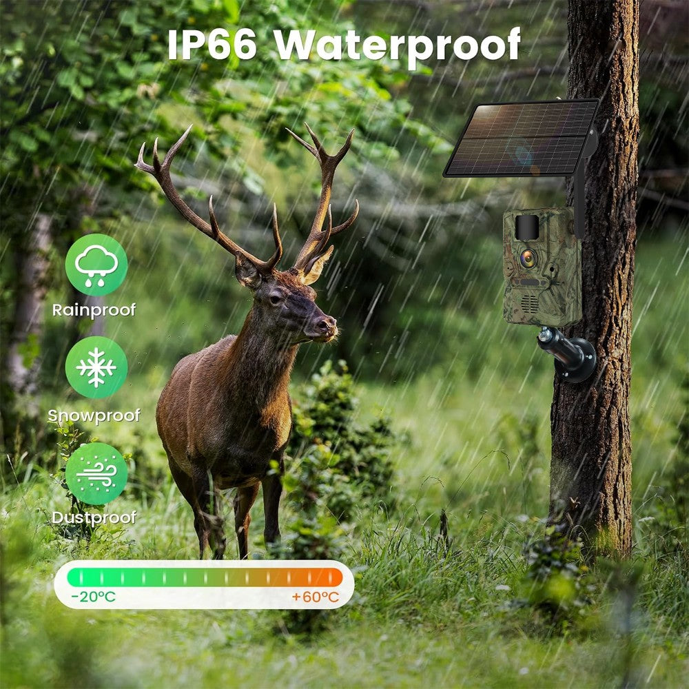 NÖRDIC 4G viltkamera med 4W solpanel, 3MP FHD, kamouflage, LTE 4G SIM-kort och IP66-vattenskydd