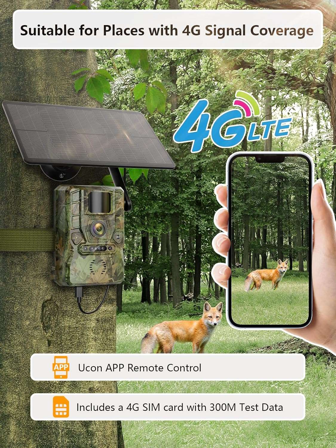 NÖRDIC 4G viltkamera med 4W solpanel, 3MP FHD, kamouflage, LTE 4G SIM-kort och IP66-vattenskydd