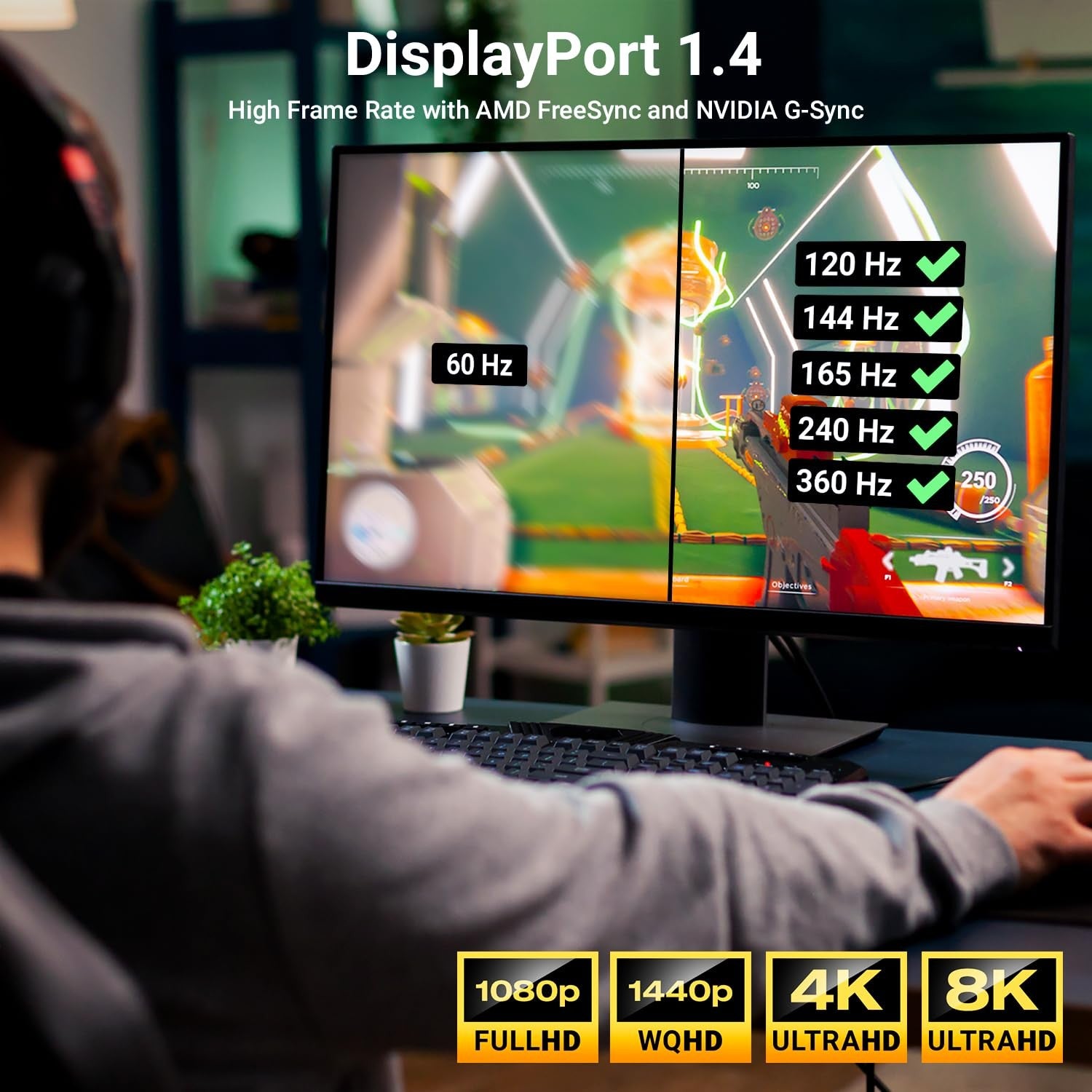 NÖRDIC 50cm Displayport till Displayport kabel ver 1.4 UHD 8K i 60Hz 32,4Gbps 10-bit HDR dubbelskärmad ren koppar 99,99%