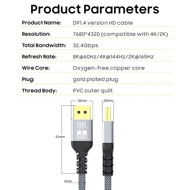 NÖRDIC 50cm Displayport till Displayport kabel ver 1.4 UHD 8K i 60Hz 32,4Gbps 10-bit HDR dubbelskärmad ren koppar 99,99%
