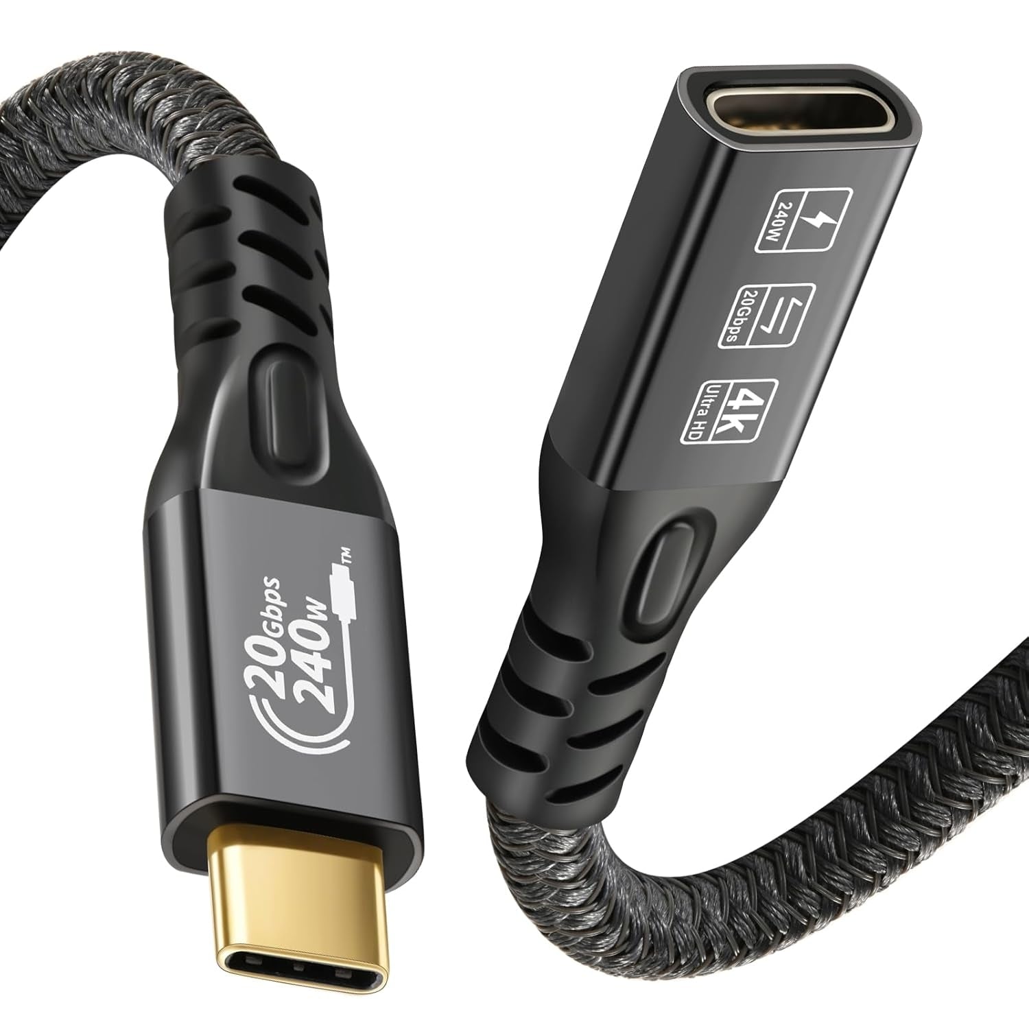NÖRDIC 50cm USB3.2 Gen2 20Gbps USB-C till C nylonflätad förlängningskabel med Power Delivery 240W 4K60Hz