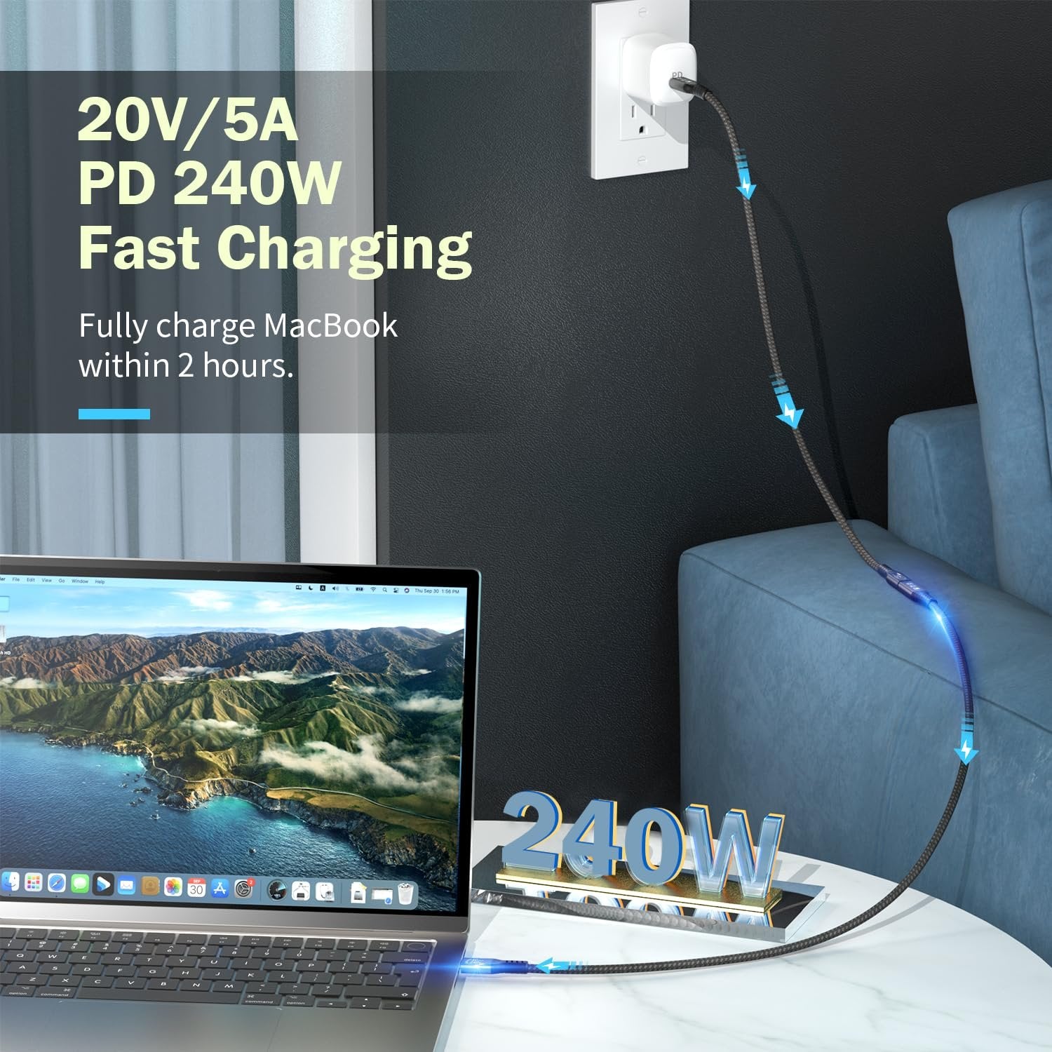 NÖRDIC 50cm USB3.2 Gen2 20Gbps USB-C till C nylonflätad förlängningskabel med Power Delivery 240W 4K60Hz