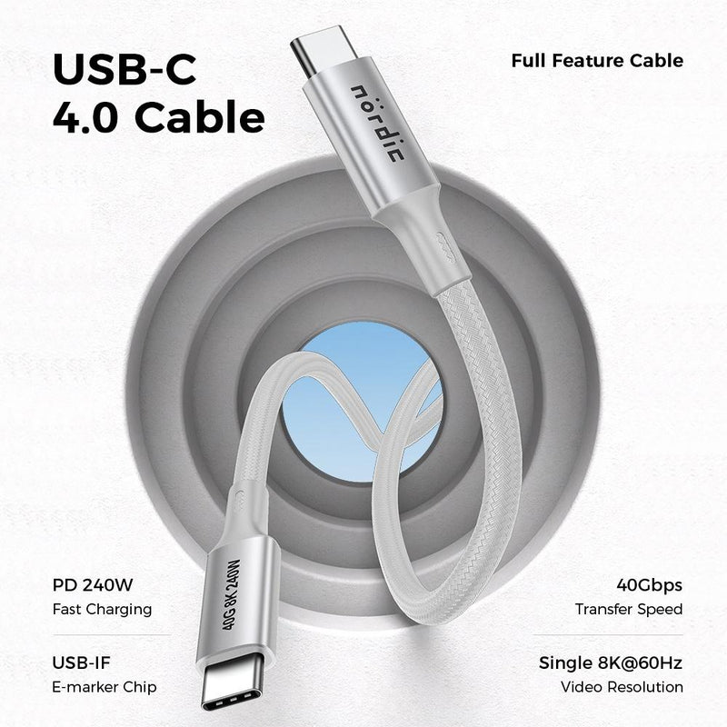 NÖRDIC 25cm USB4 USB-C till C nylonflätad kabel PD3.1 med 240W snabbladdning 40G 8K60Hz 4K120Hz 5K60Hz 2x4K60Hz Emarker