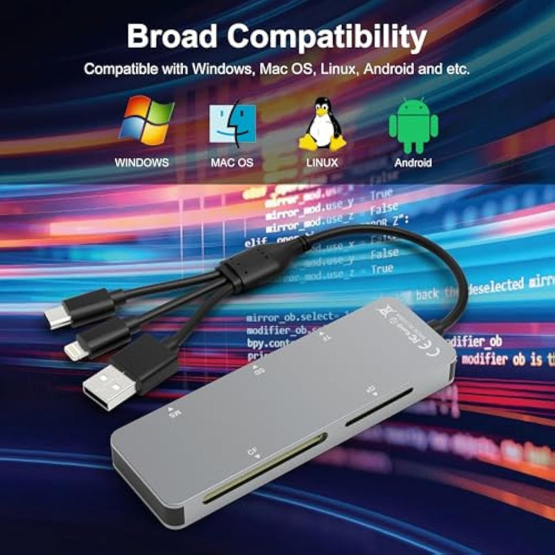 NÖRDIC 5i1 kortläsare USB-A USB-C lightning CF SD MicroSD XD TF 2TB UHS-I