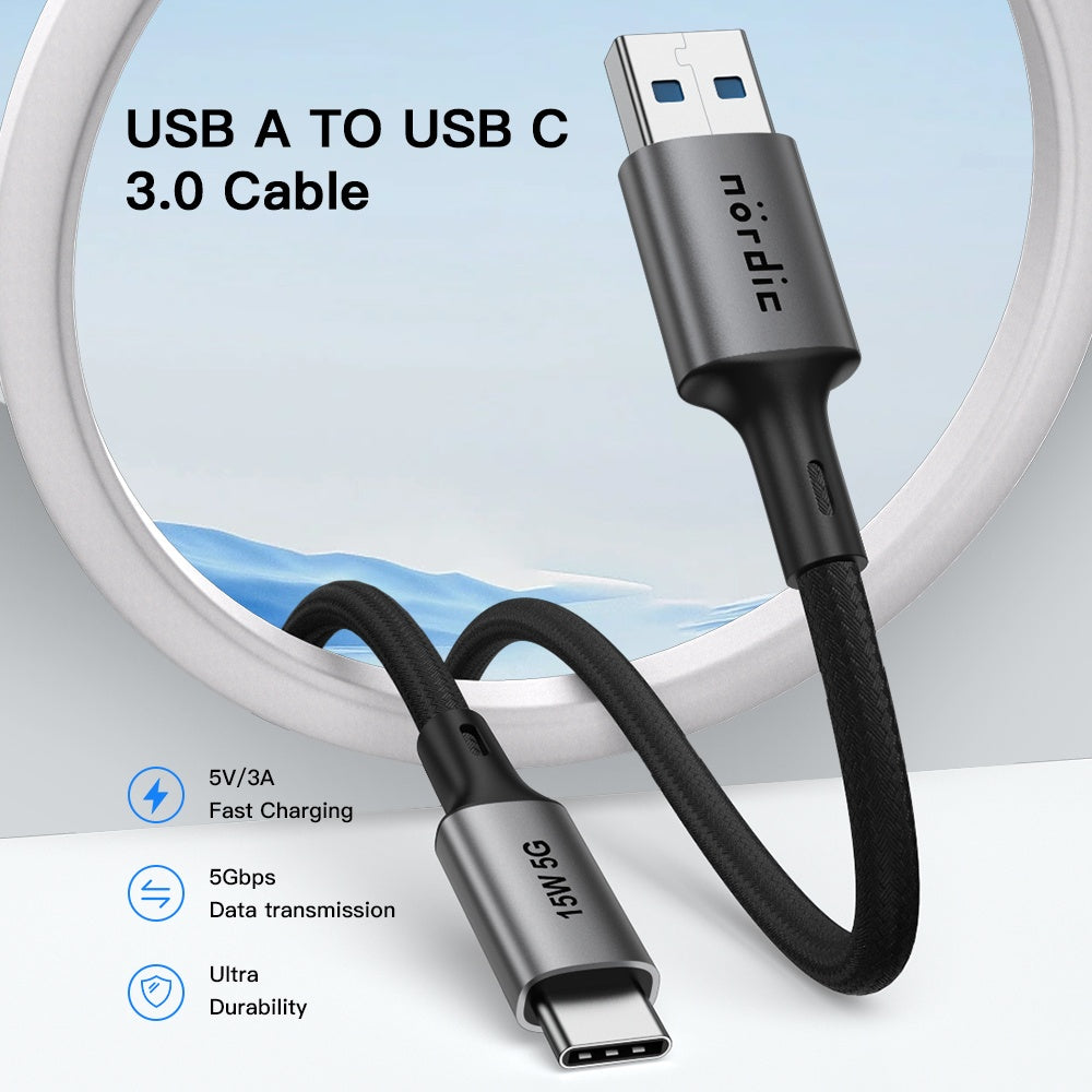NÖRDIC 5m USB3.2 Gen1 USB-C till A nylonflätad kabel snabbladdning 3A 5Gbps 15W grå
