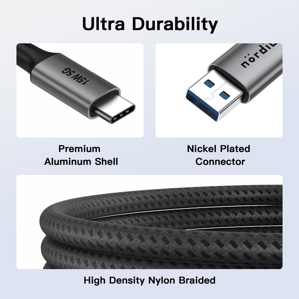 NÖRDIC 5m USB3.2 Gen1 USB-C till A nylonflätad kabel snabbladdning 3A 5Gbps 15W grå