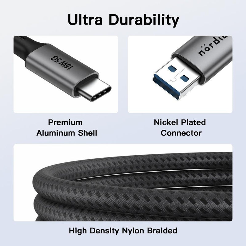 NÖRDIC 5m USB3.2 Gen1 USB-C till A nylonflätad kabel snabbladdning 3A 5Gbps Power Delivery PD 60W grå