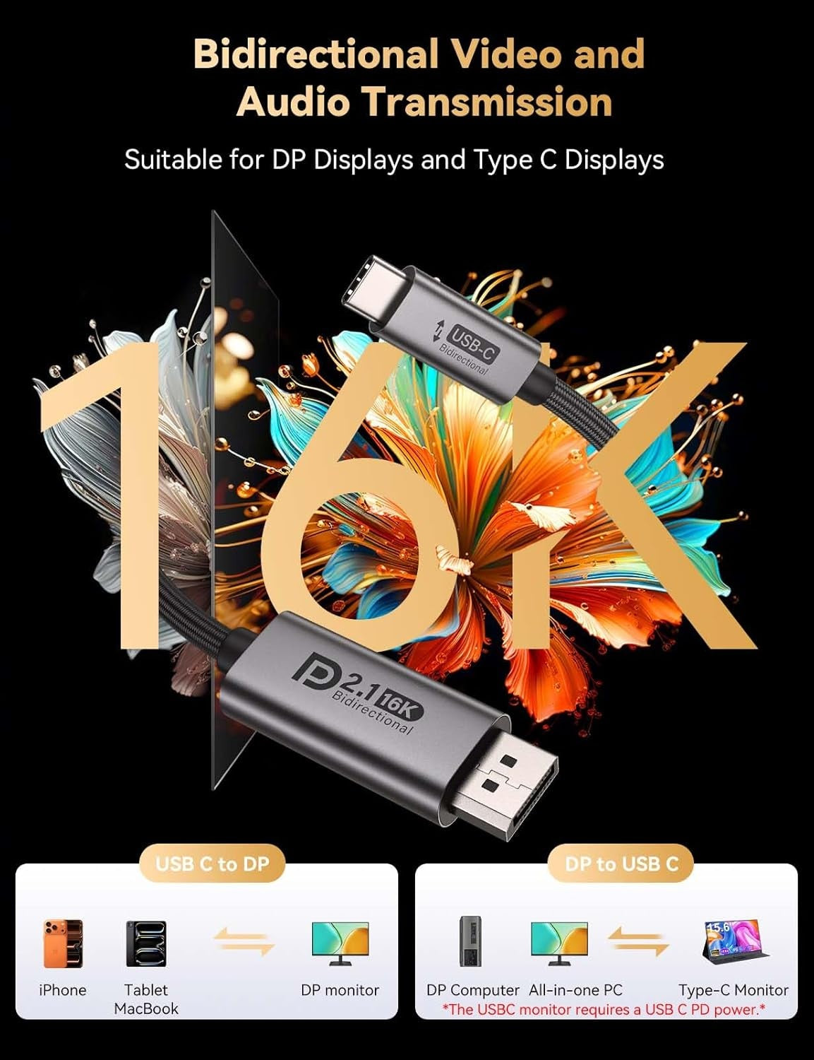 NÖRDIC 5m bidirektionell USB-C till DisplayPort 2.1 kabel 16K60Hz 8K240Hz/120Hz 4K240/165/144/60 HDR HDCP2.3