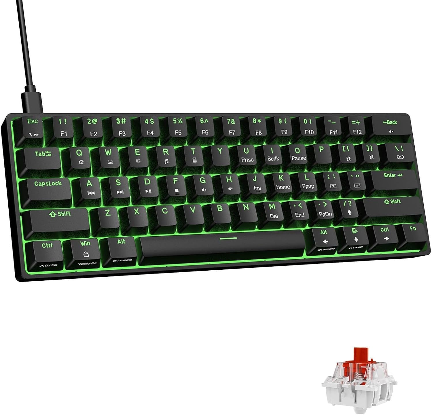 NÖRDIC 60% Trådbundet mekaniskt gaming-tangentbord med röda switches, LED-bakgrundsbelysning, ultrakompakt 61 tangenter, US-layout