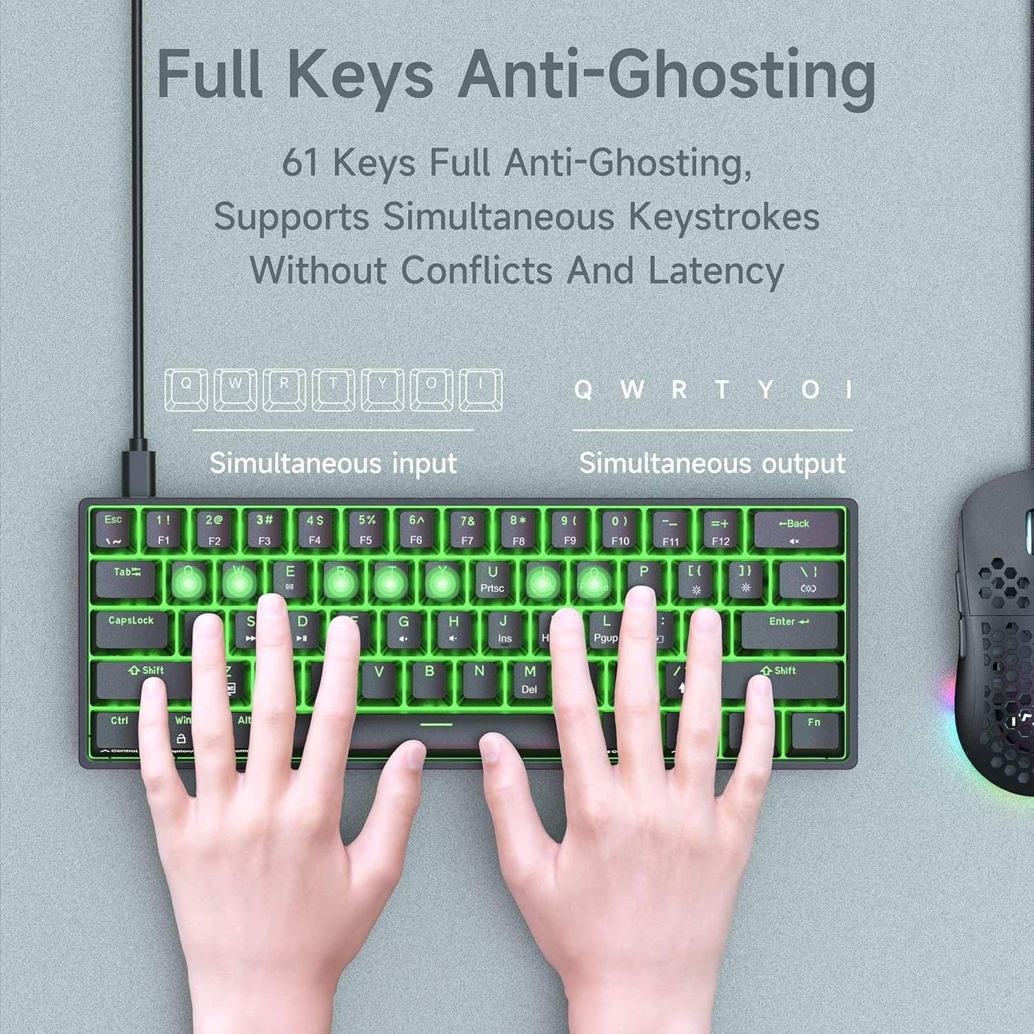 NÖRDIC 60% Trådbundet mekaniskt gaming-tangentbord med röda switches, LED-bakgrundsbelysning, ultrakompakt 61 tangenter, US-layout