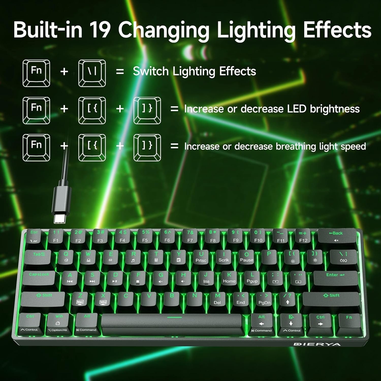 NÖRDIC 60% Trådbundet mekaniskt gaming-tangentbord med röda switches, LED-bakgrundsbelysning, ultrakompakt 61 tangenter, US-layout