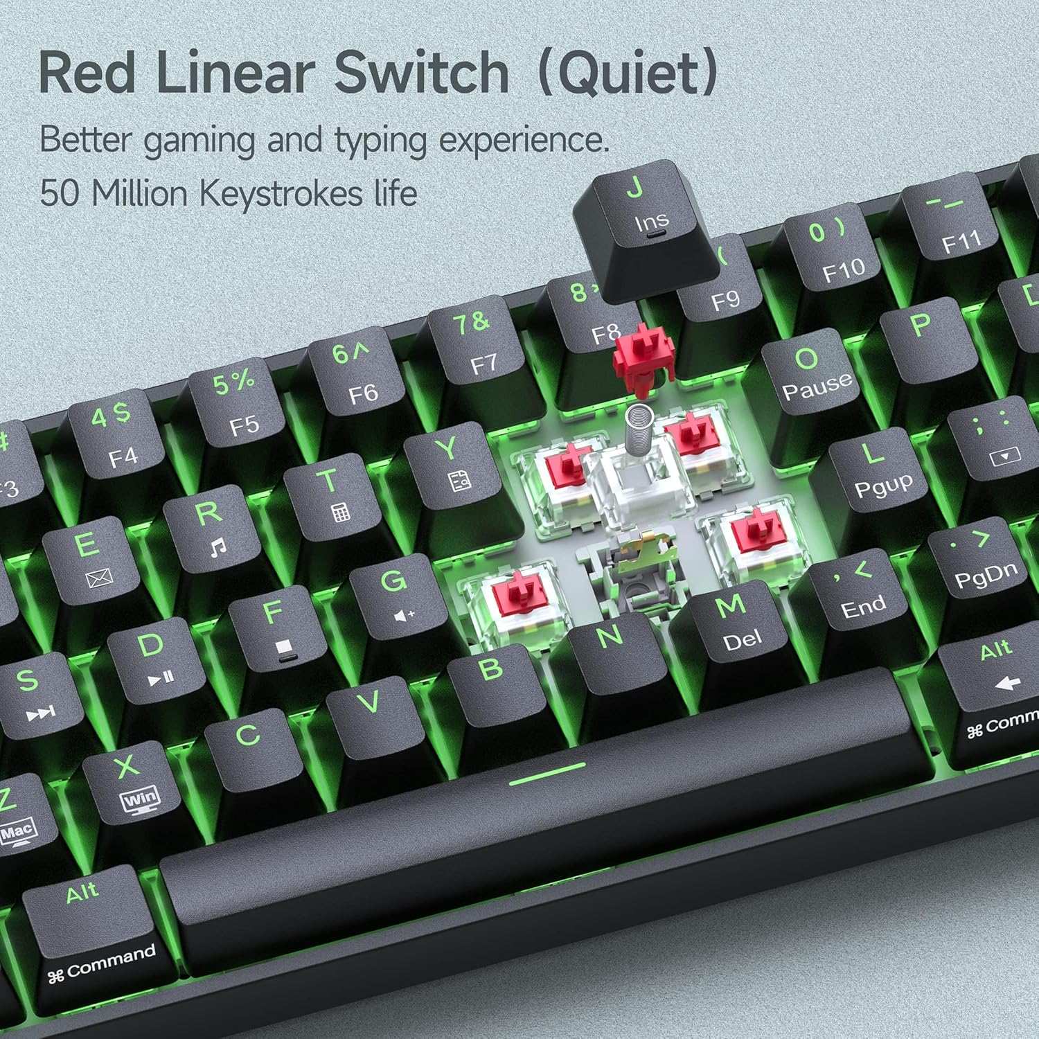 NÖRDIC 60% Trådbundet mekaniskt gaming-tangentbord med röda switches, LED-bakgrundsbelysning, ultrakompakt 61 tangenter, US-layout