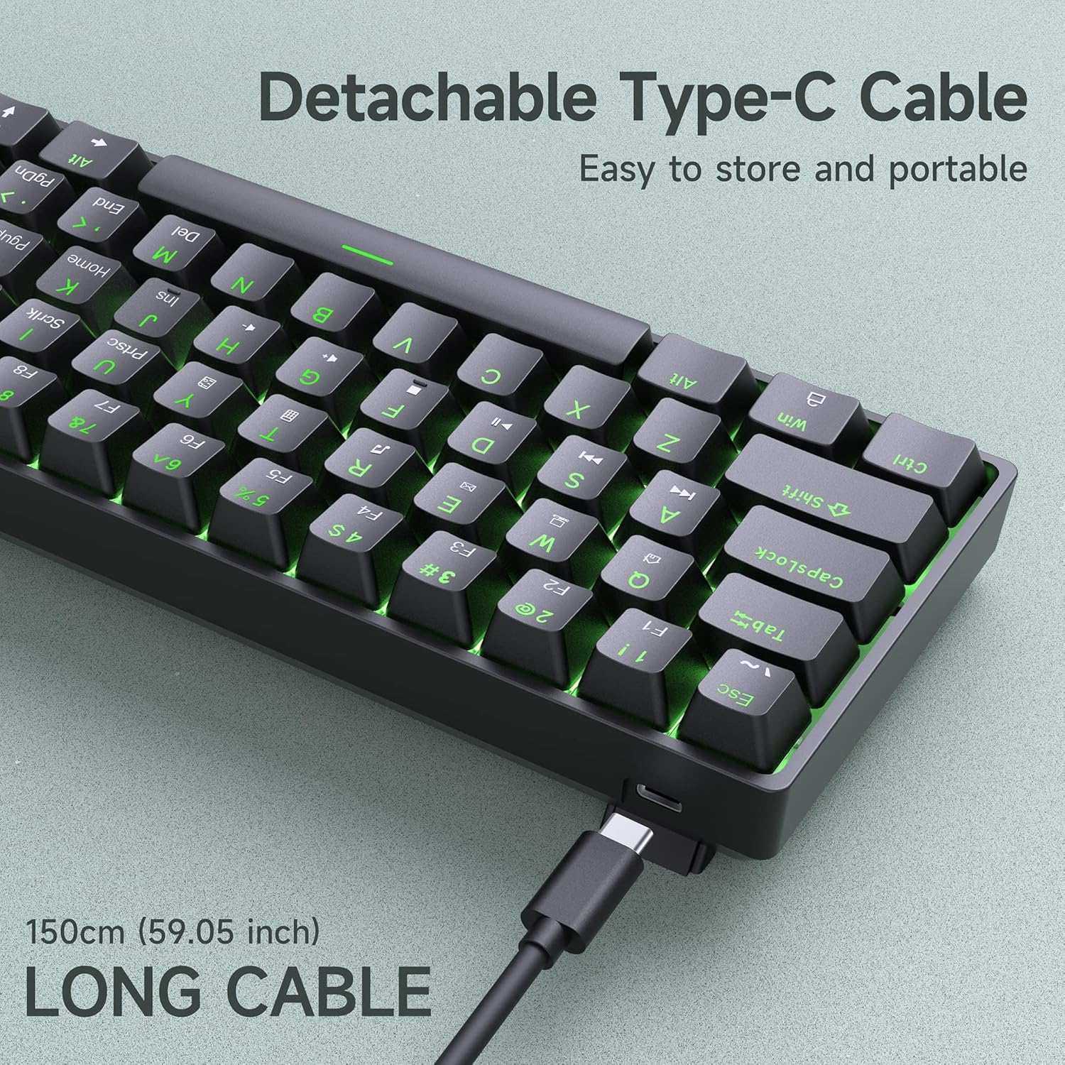 NÖRDIC 60% Trådbundet mekaniskt gaming-tangentbord med röda switches, LED-bakgrundsbelysning, ultrakompakt 61 tangenter, US-layout