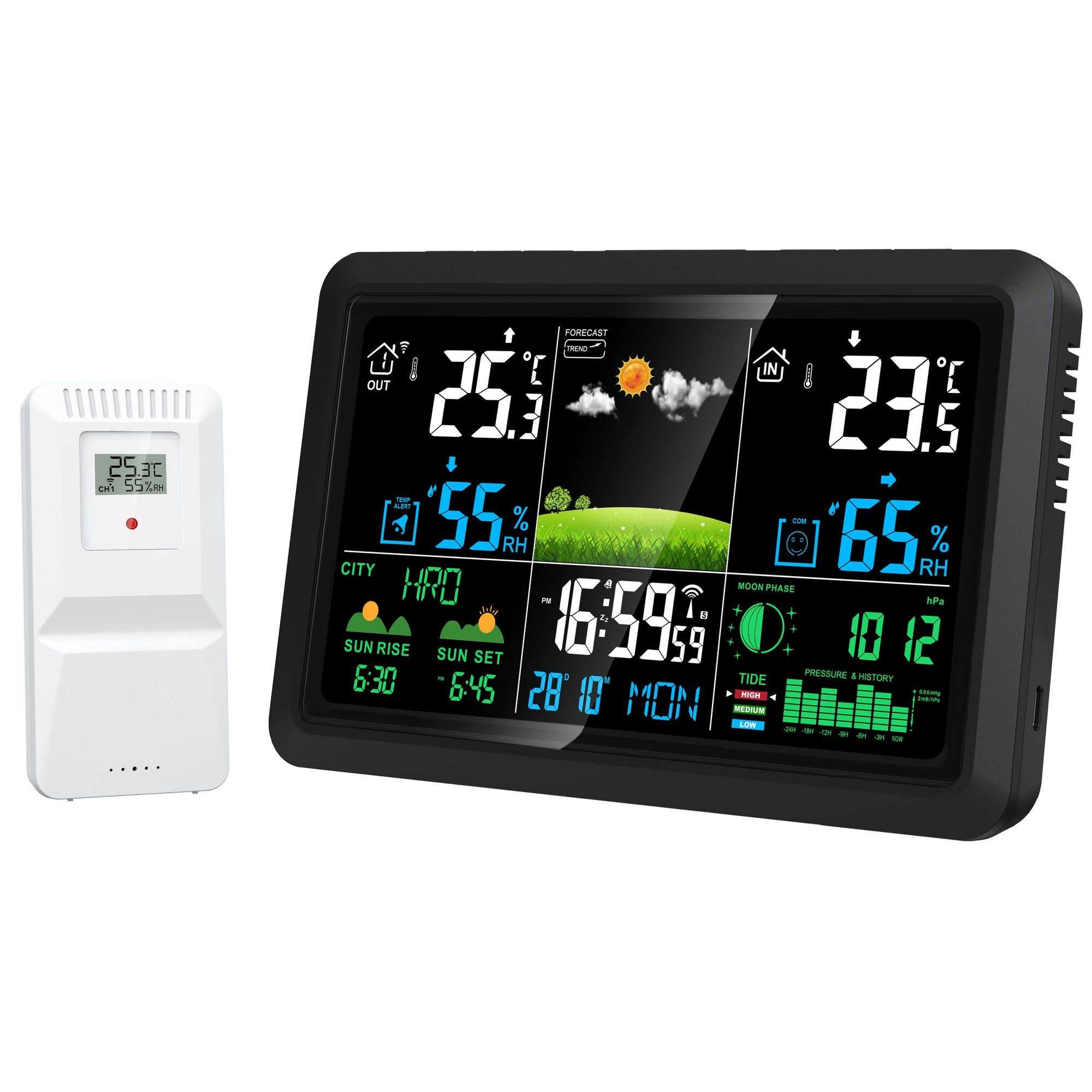 NÖRDIC 7,5" LCD Trådlös Väderstation Hygrometer Termometer Månfaser Barometer RCC Radiokontrollerad Väckarklocka Soltid