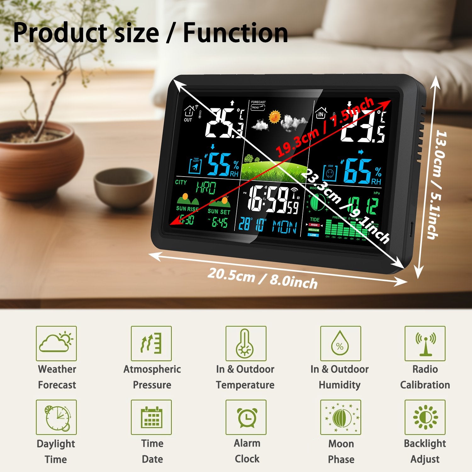 NÖRDIC 7,5" LCD Trådlös Väderstation Hygrometer Termometer Månfaser Barometer RCC Radiokontrollerad Väckarklocka Soltid