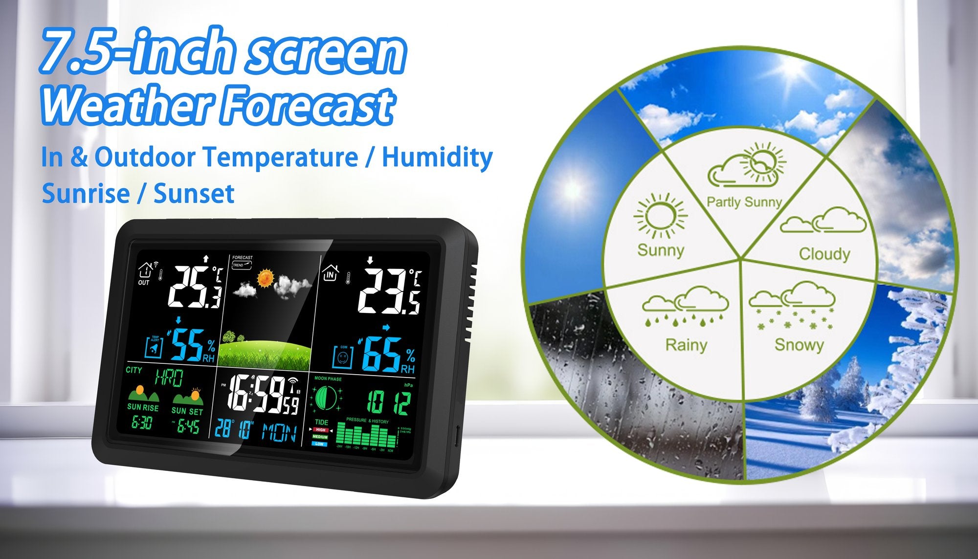 NÖRDIC 7,5" LCD Trådlös Väderstation Hygrometer Termometer Månfaser Barometer RCC Radiokontrollerad Väckarklocka Soltid