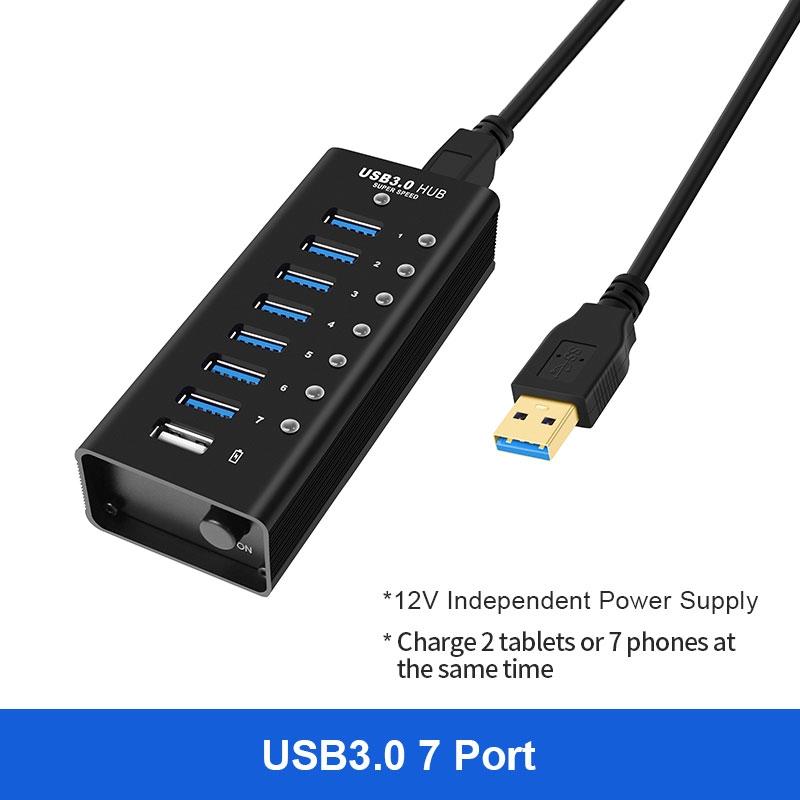 NÖRDIC 8-port powered hubb USB-A 3.0 5Gbps med  switch 1,2m kabel aluminium svart  med nätdel