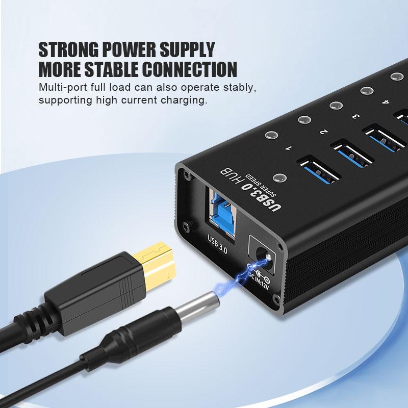 NÖRDIC 8-port powered hubb USB-A 3.0 5Gbps med  switch 1,2m kabel aluminium svart  med nätdel