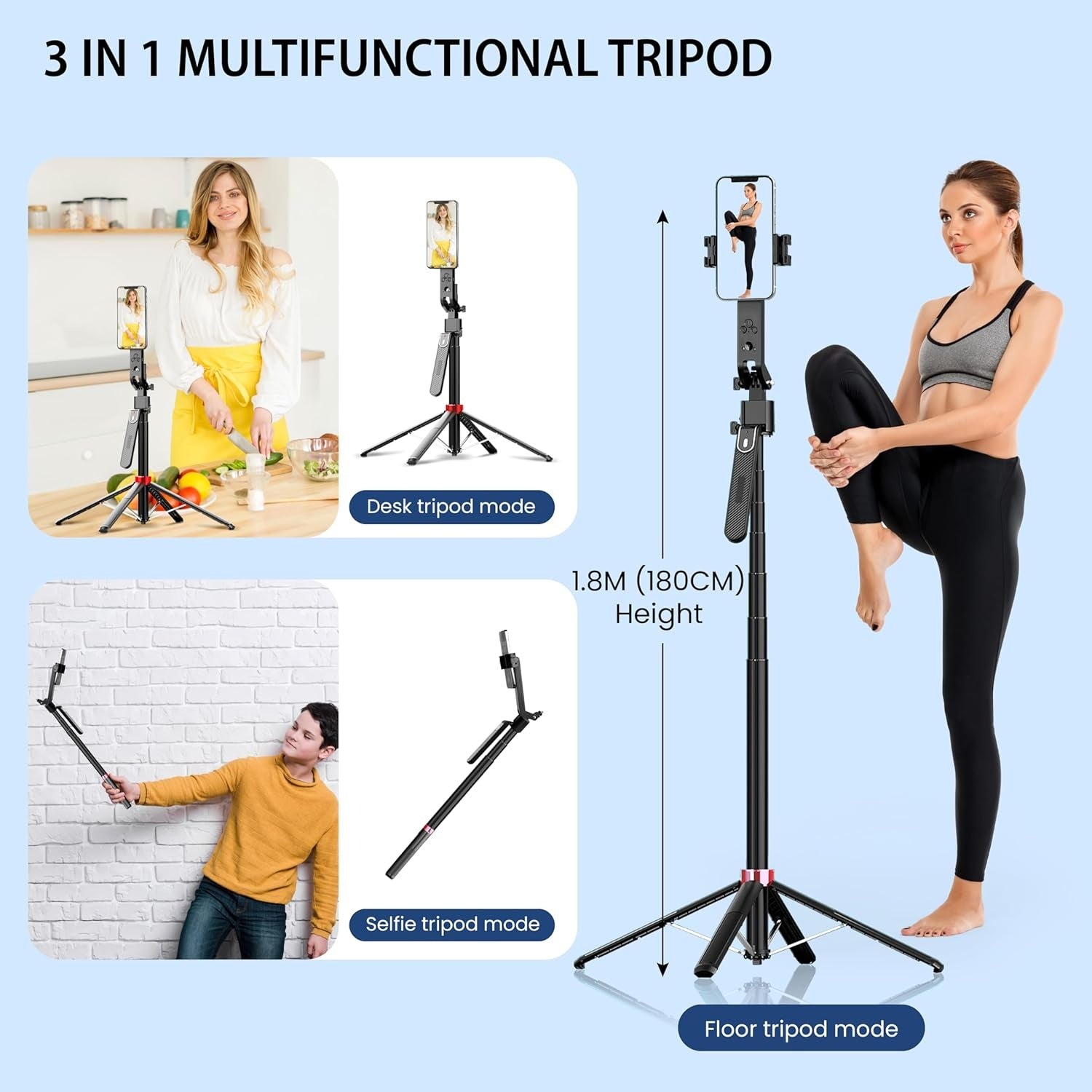 NÖRDIC AI Auto Face Tracking Selfie-stick – 360° rotation + 270° tilt, 4-i-1 mobilstativ, 180 cm stativ i aluminium med 4 ben