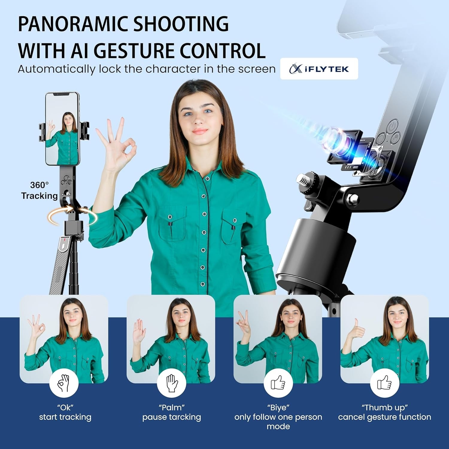 NÖRDIC AI Auto Face Tracking Selfie-stick – 360° rotation + 270° tilt, 4-i-1 mobilstativ, 180 cm stativ i aluminium med 4 ben