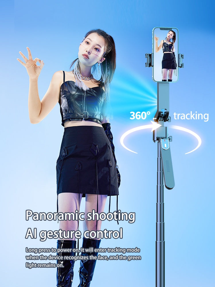 NÖRDIC AI Auto Face Tracking Selfie-stick – 360° rotation + 270° tilt, 4-i-1 mobilstativ, 180 cm stativ i aluminium med 4 ben