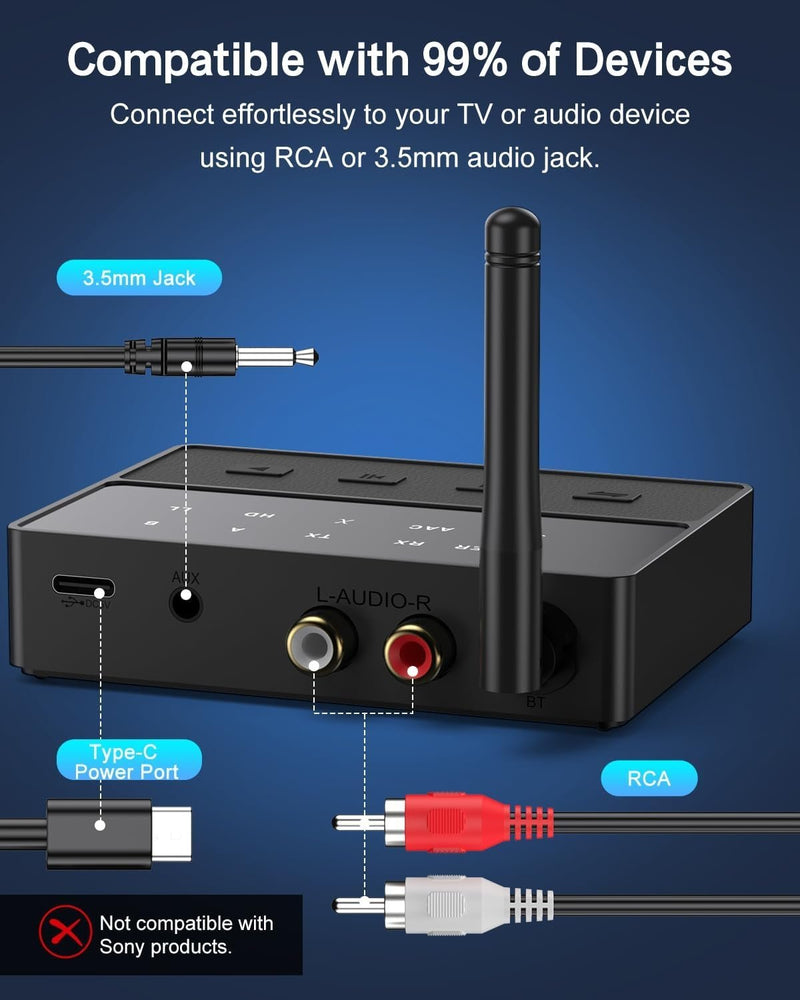 NÖRDIC Bluetooth 5.3 Mottagare Sändare aptX aptX HD för 2 Hörlurar, AUX/RCA