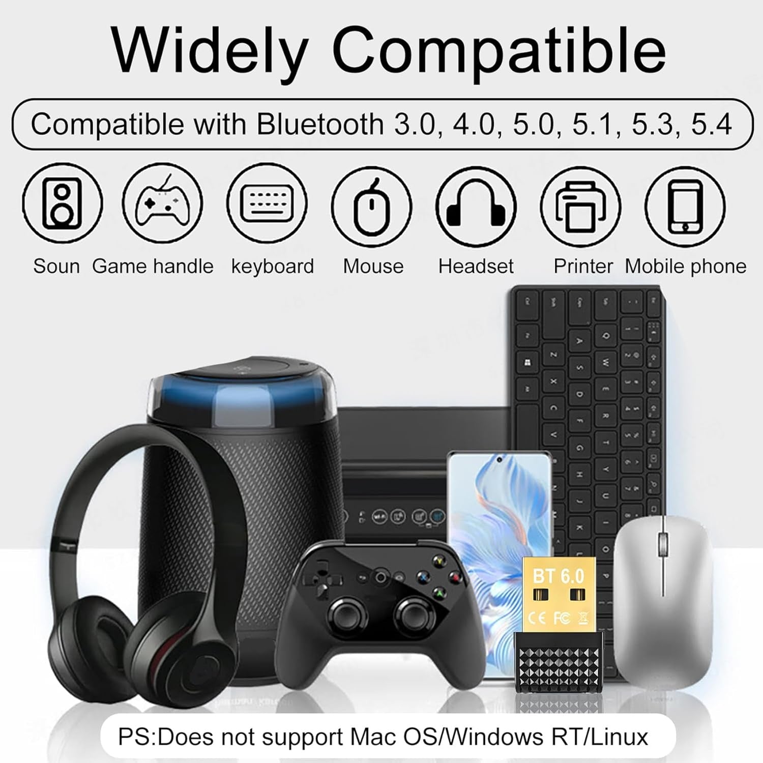 NÖRDIC Bluetooth 6.0 trådlös Bluetooth-dongel/mottagare, Plug and Play, Windows 11/10/8.1, för styrning, hörlurar, tangentbord, mus