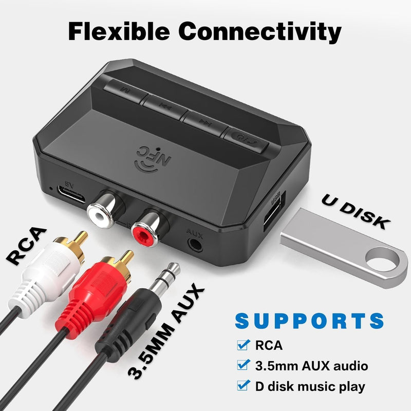 NÖRDIC Bluetooth Mottagare 5.3 RCA 3.5mm AUX med NFC MicroSD Kort USB Minne