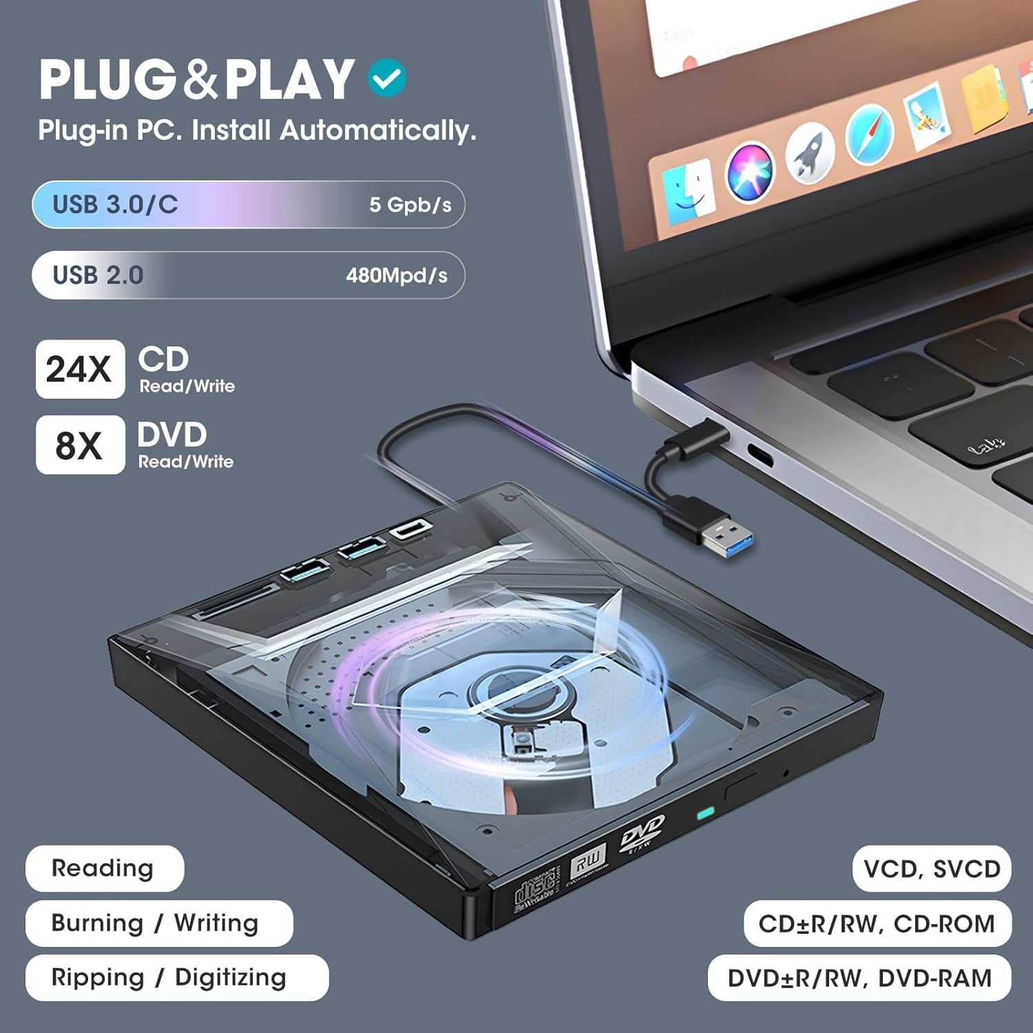 NÖRDIC Bärbar CD Brännare och spelare och USB-hubb med SD-kortläsare 2xUSB-A 1xUSB-C