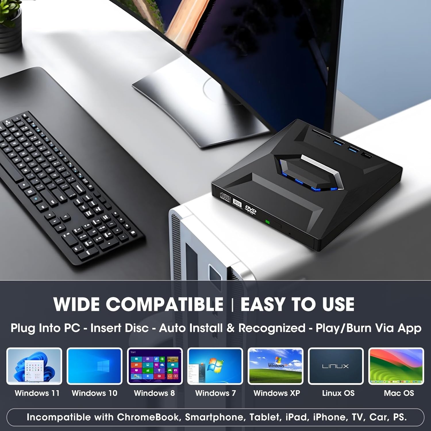 NÖRDIC Bärbar CD Brännare och spelare och USB-hubb med SD-kortläsare 2xUSB-A 1xUSB-C