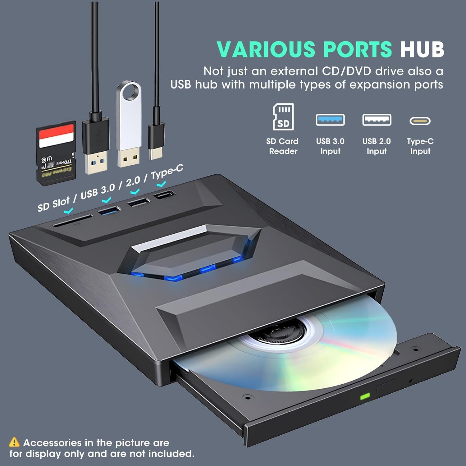 NÖRDIC Bärbar CD Brännare och spelare och USB-hubb med SD-kortläsare 2xUSB-A 1xUSB-C