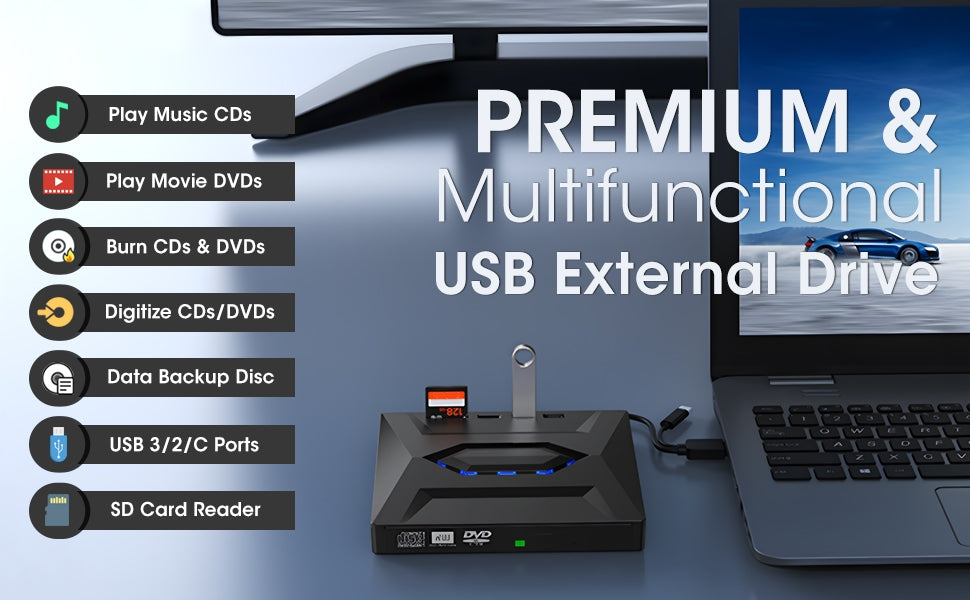NÖRDIC Bärbar CD Brännare och spelare och USB-hubb med SD-kortläsare 2xUSB-A 1xUSB-C