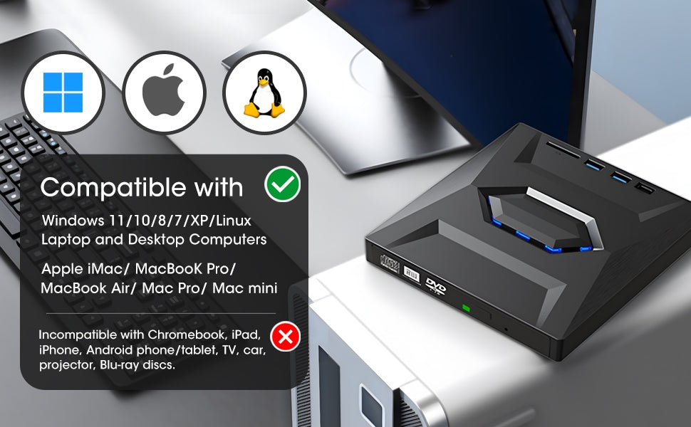 NÖRDIC Bärbar CD Brännare och spelare och USB-hubb med SD-kortläsare 2xUSB-A 1xUSB-C