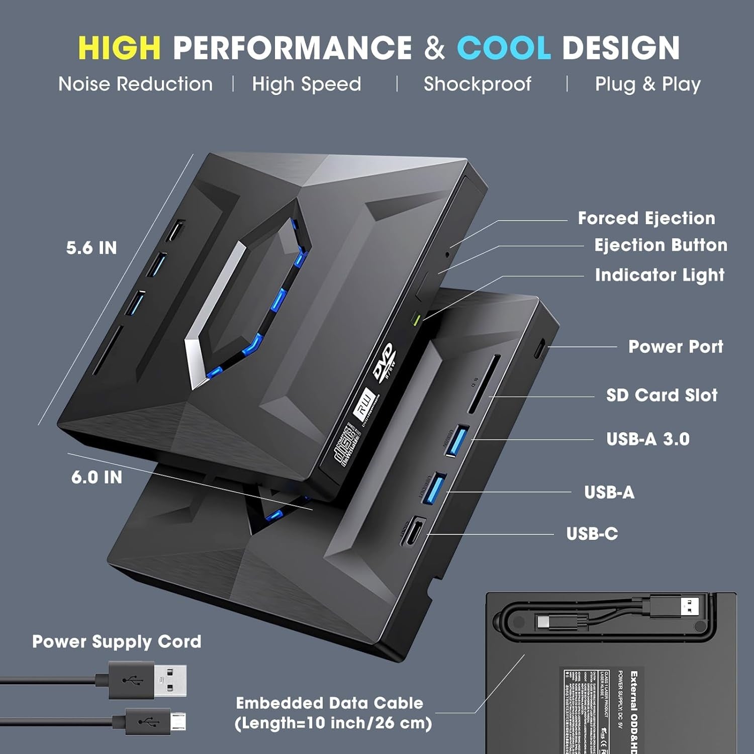 NÖRDIC Bärbar CD Brännare och spelare och USB-hubb med SD-kortläsare 2xUSB-A 1xUSB-C