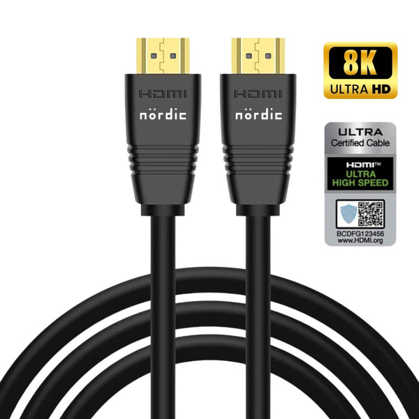 NÖRDIC CERTIFIED CABLES 1m Ultra High Speed HDMI2.1 8K 60Hz 4K 120Hz 144Hz 48Gbps Dynamic HDR eARC Game Mode VRR Dolby ATMOS guldpläterad PVC svart