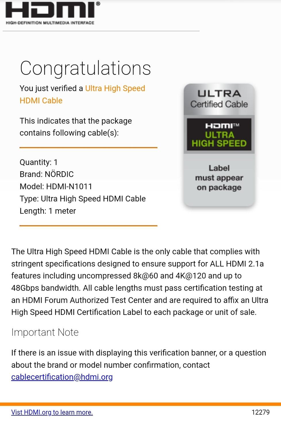 NÖRDIC CERTIFIED CABLES 1m Ultra High Speed HDMI 2.1 8K 60Hz 4K 120Hz 48Gbps Dynamic HDR eARC VRR nylonflätad kabel guldpläterade kontakter