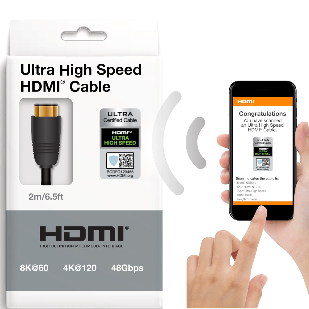 NÖRDIC CERTIFIED CABLES 50cm Ultra High Speed HDMI2.1 8K60Hz 4K120Hz 48Gbps Dynamic HDR eARC Game Mode VRR Dolby ATMOS nylonflätad kabel guldpläterad