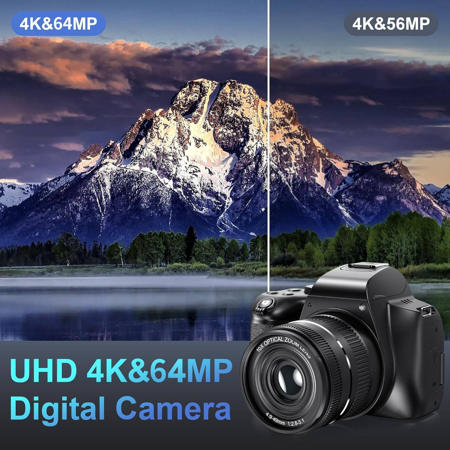 NÖRDIC Digital Camera 4K 64M with WiFi, 10X Optical Zoom Vlogging Camera for YouTube Autofocus Compact Camera