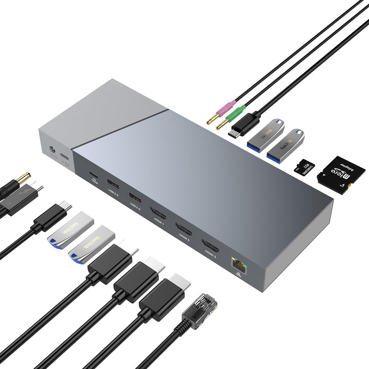 NÖRDIC DisplayLink USB-A & USB-C Dockingsstation 1 till 15 för trippla monitorer 1xHDMI 4K30Hz 2xHDMI 2K50hz för Mac M1 M2 Thunderbolt 3 & 4